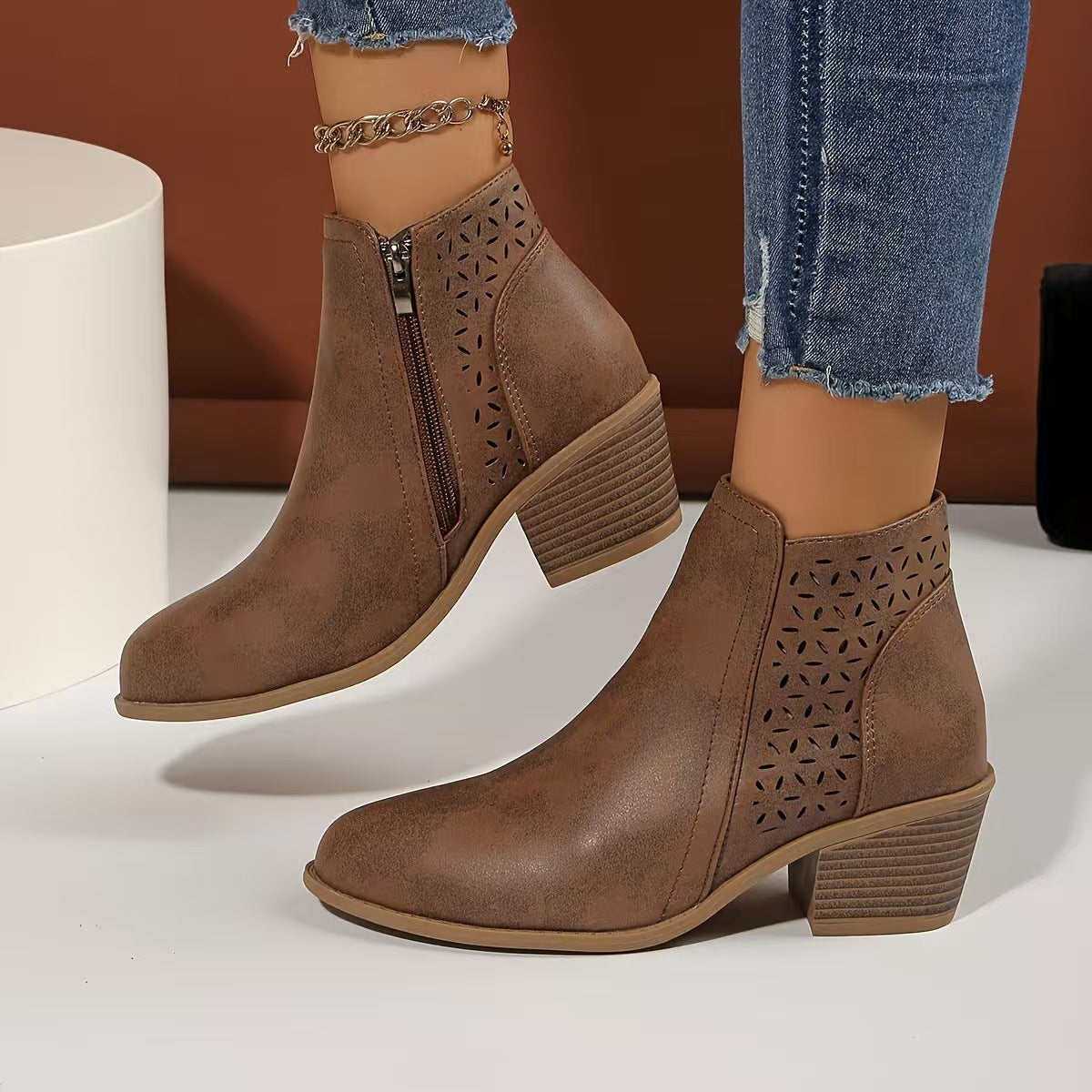 Women's Hollow Pointed Toe Low Heel Chelsea Boots with Side Zipper teemdrop
