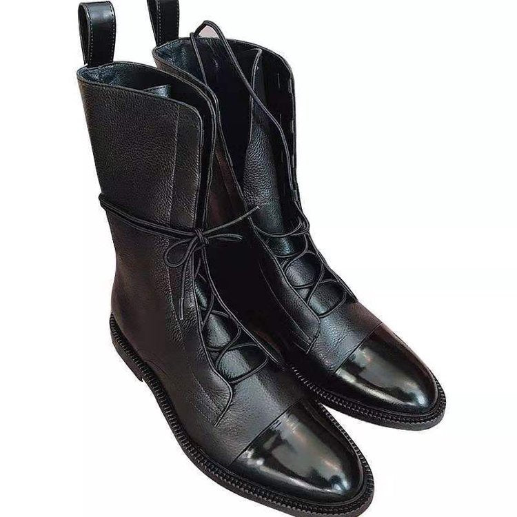 Martin Women's Boots Spring & Fall New British Style Pu Thin Lace-Up Round Toe Square Heel Mid-Heel Handsome Short Boots teemdrop
