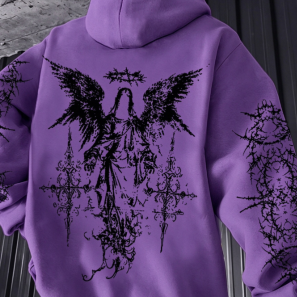Gothic-style angel-print hoodie teemdrop