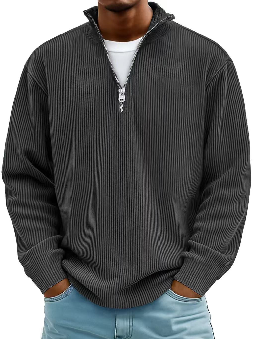 Men's Stand Collar Zipper Corduroy Long Sleeve Polo Shirt teemdrop