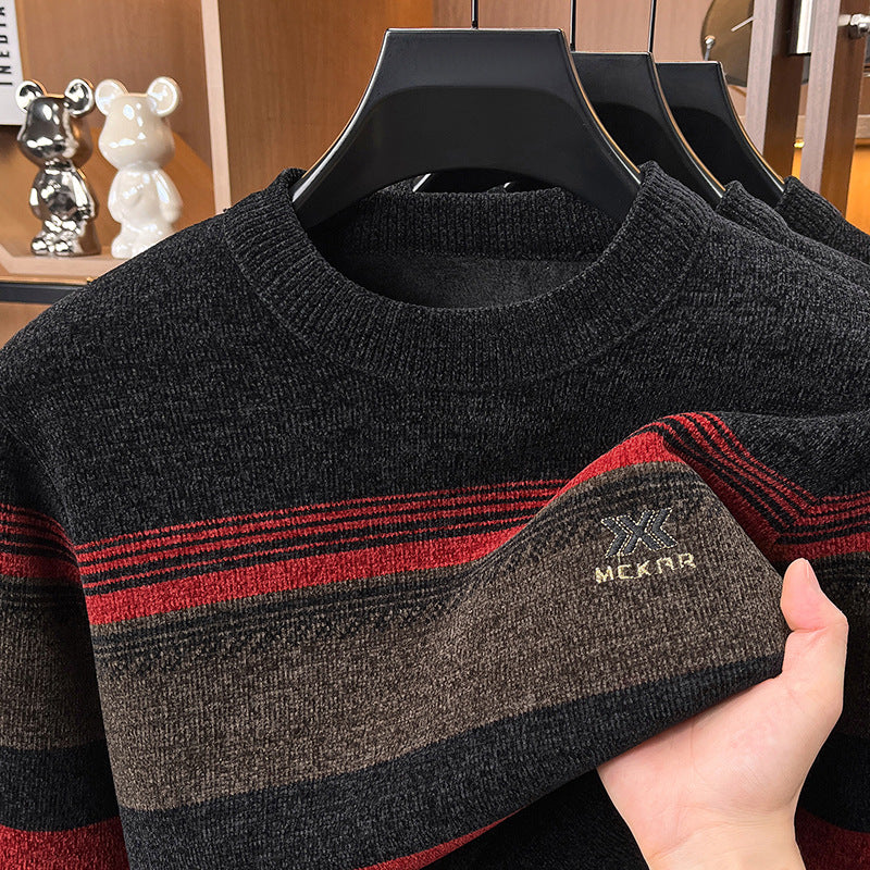 Men's Thickened Warm Striped Round Neck Long Sleeve Knitted Sweater teemdrop