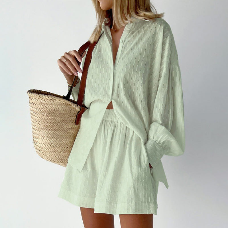 Women's Jacquard Puff Sleeve Shirt and Shorts Two-Piece Set teemdrop