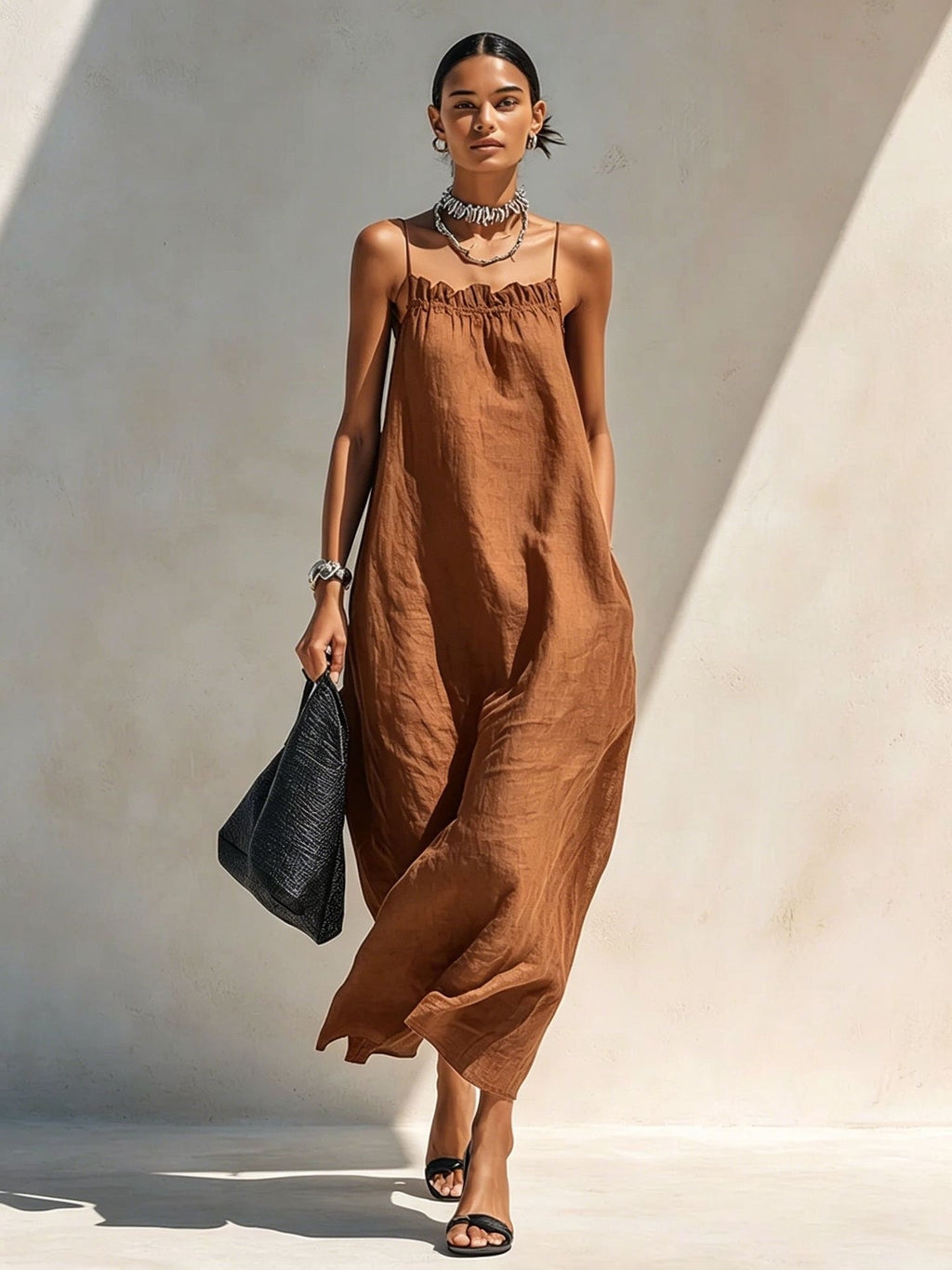 Women's One-Shoulder Sleeveless Smocked Long Dress teemdrop