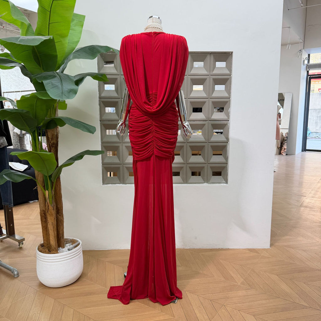 Deep V-Neck Waist-Exposing Floor-Length Gown Mesh Stitching Solid Color Dress teemdrop