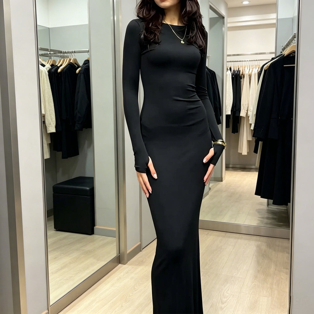Women's Solid Bodycon Long Sleeve Long Dress teemdrop