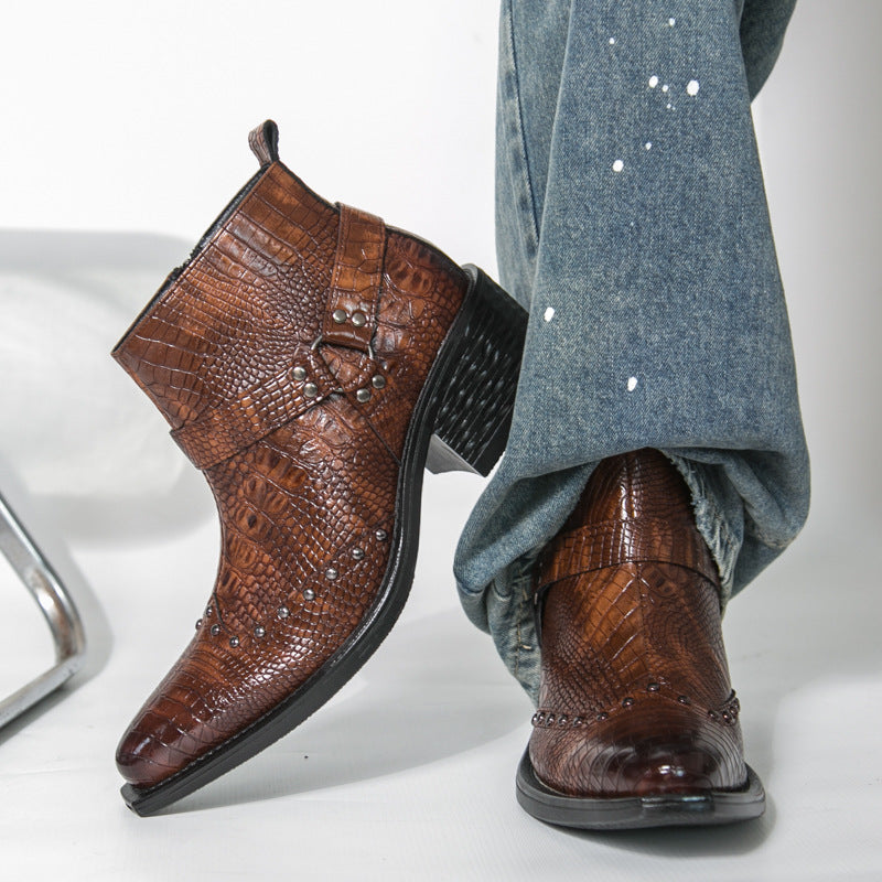 Men's Pointed Toe Leather Boots with Side Zipper and Wedge Heel teemdrop