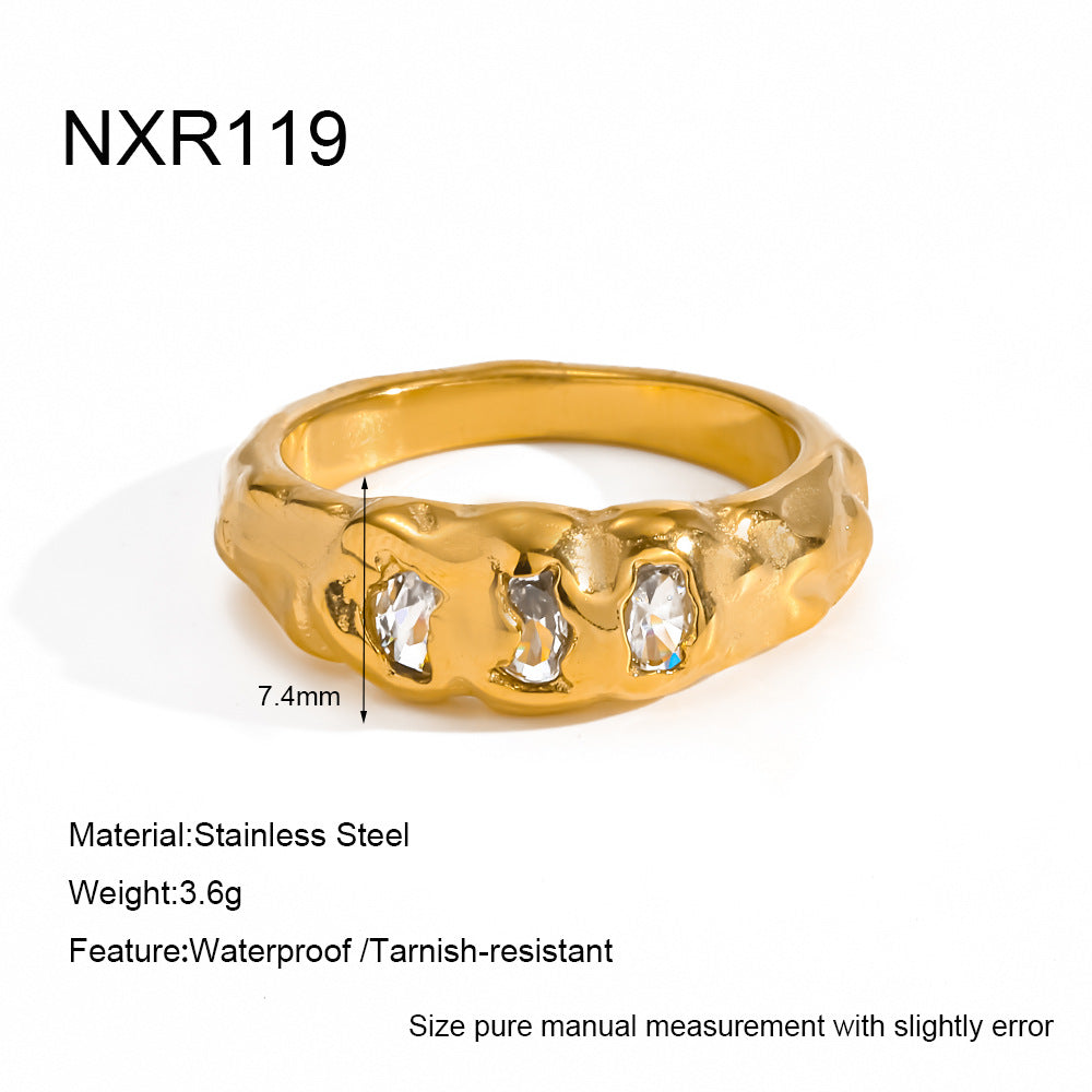 18K Gold Plated Irregular Texture Zircon Ring for Women Stainless Steel