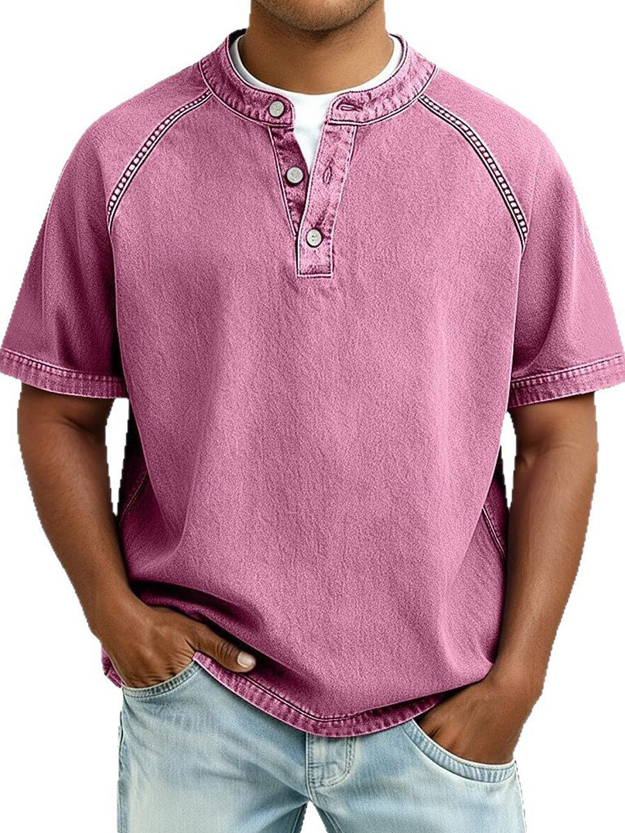 Men's Retro Casual Loose Fit Short Sleeve Button Up Polo Shirt Breathable Polyester Top teemdrop