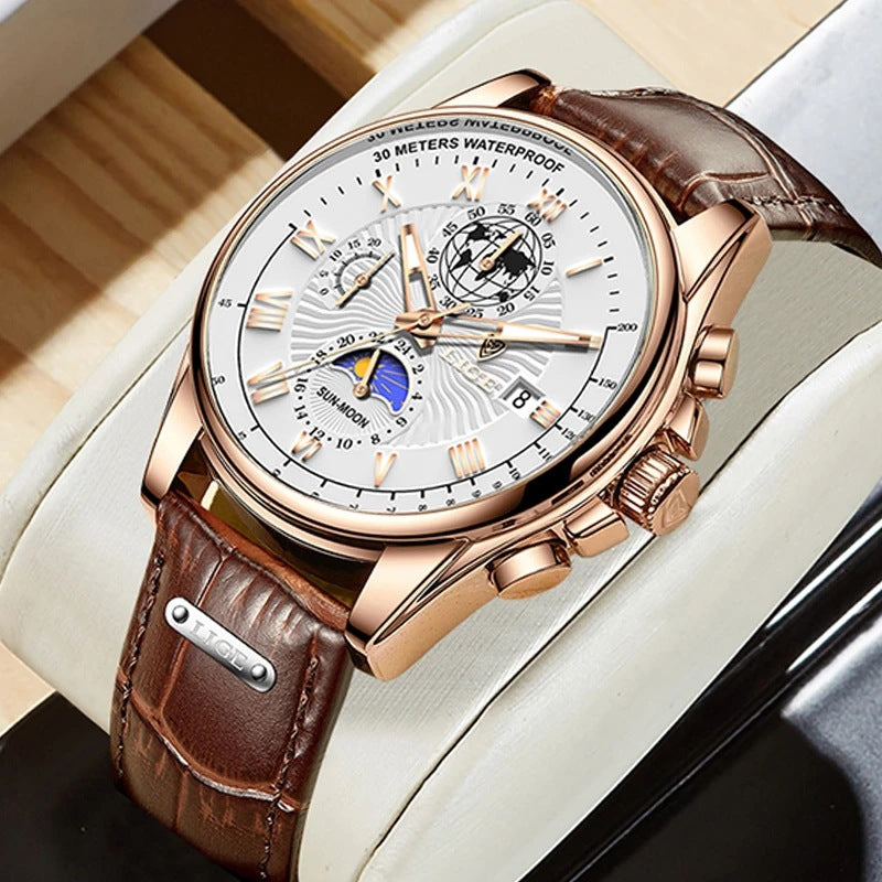 LIGE Men's Business Watch with Moon Phase Multifunction Quartz Wristwatch Leather Strap Waterproof