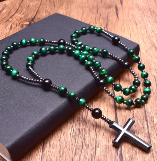 Tiger-eye stone cross necklace