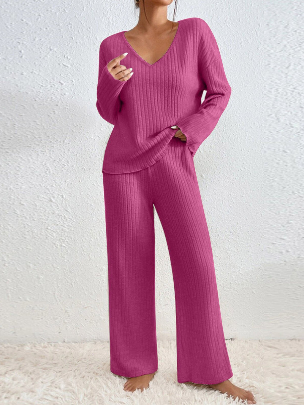Women V-Neck Loose Ribbed Knit Long Sleeve Top Suit Set teemdrop