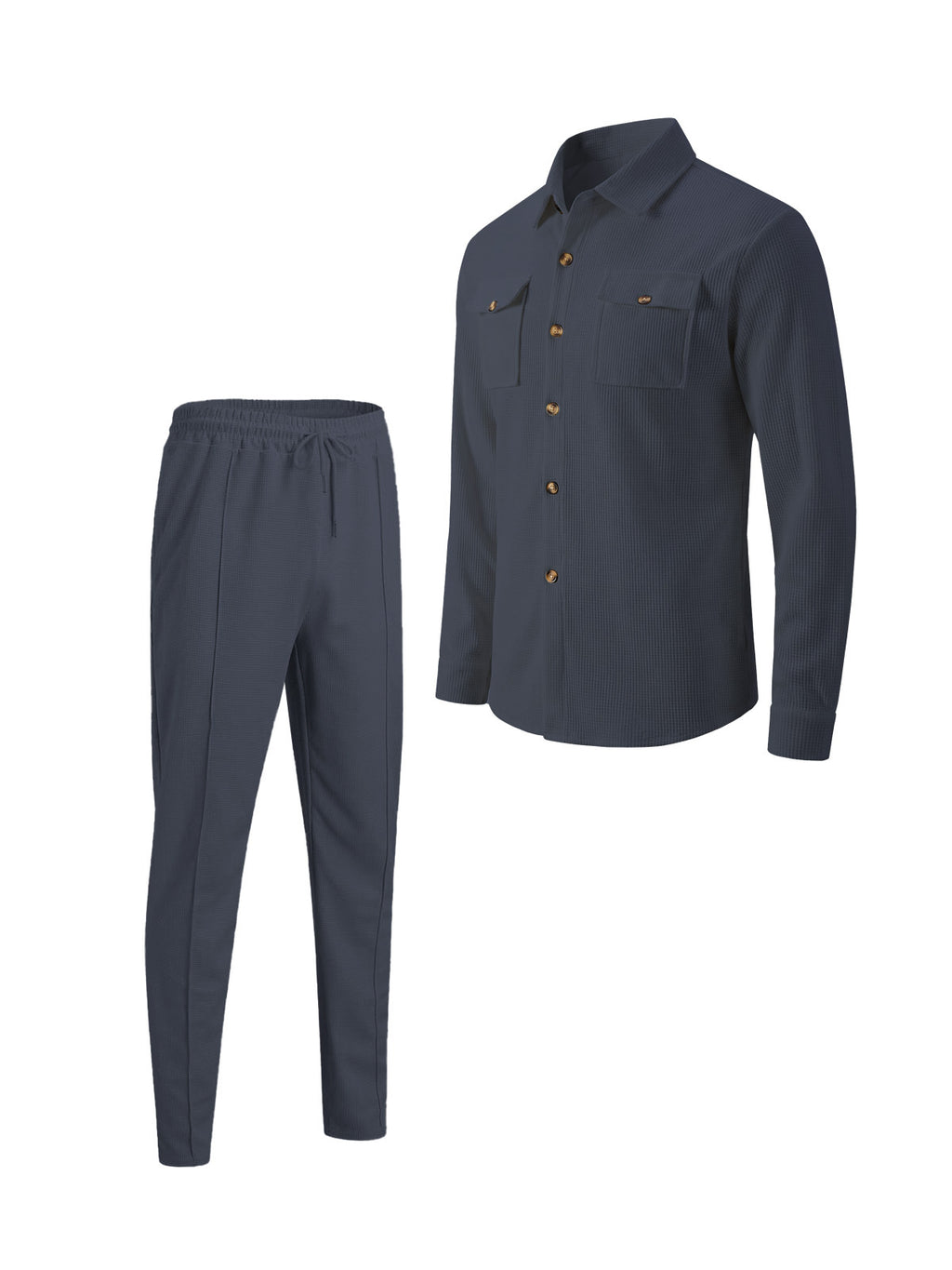 Men's Casual Waffle Solid Color Track Suit Long Sleeve Lapel Jacket and Pants Two-Piece Set teemdrop