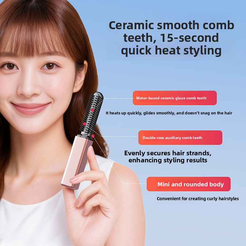 Mini Portable Wireless Charging Electric Hair Straightener Curling Iron Brush for Travel and Daily Styling teemdrop