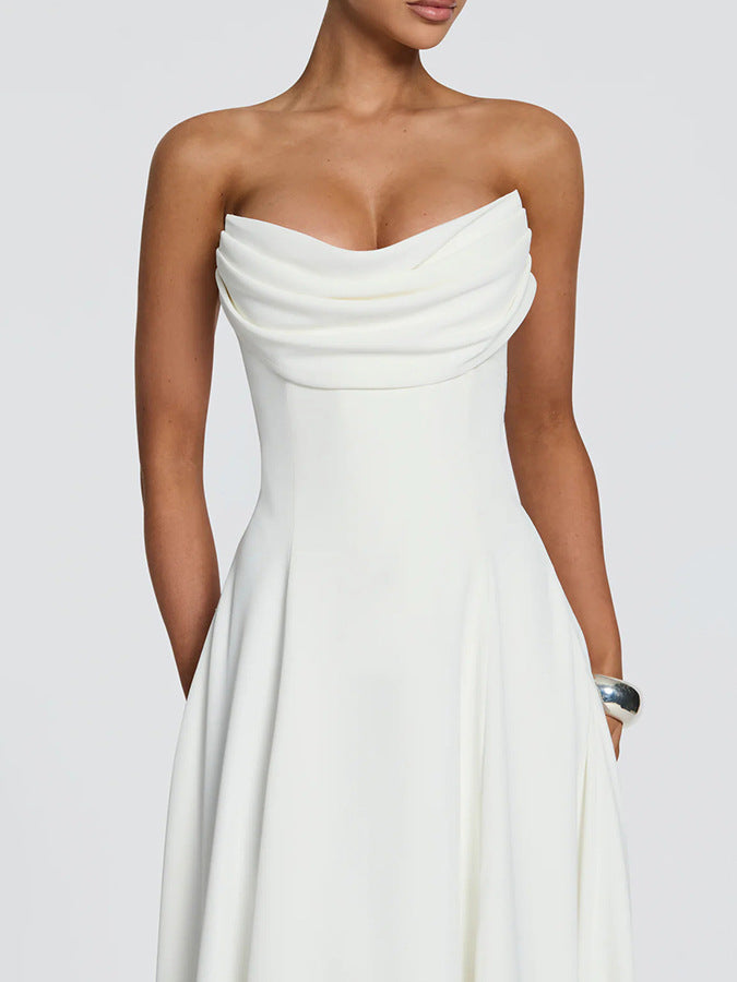 Women's Strapless Pleated Lace-Up A-Line Maxi Dress teemdrop