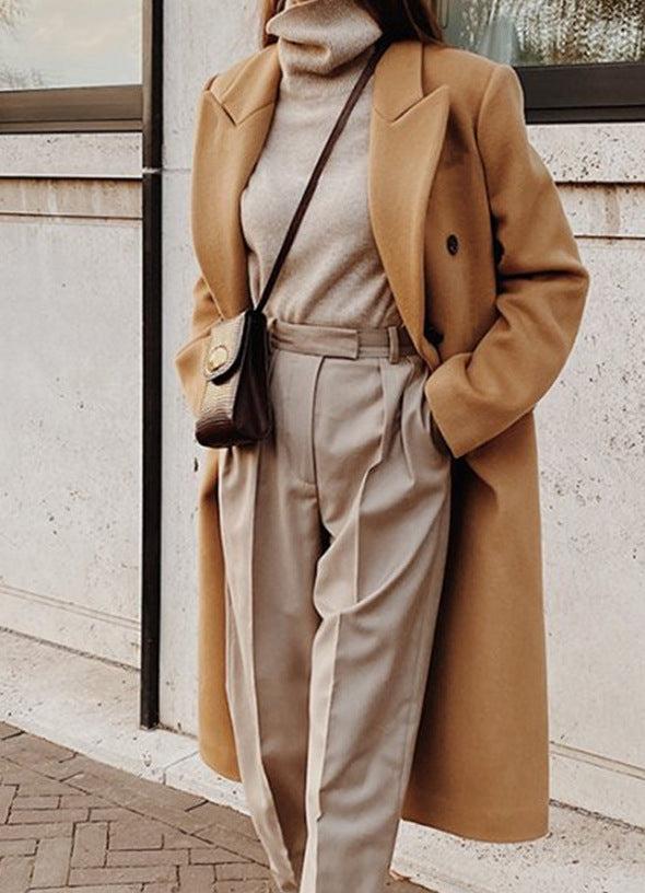 Women?s long-sleeved, solid-color, double-breasted, slim-fit coat with a lapel collar teemdrop