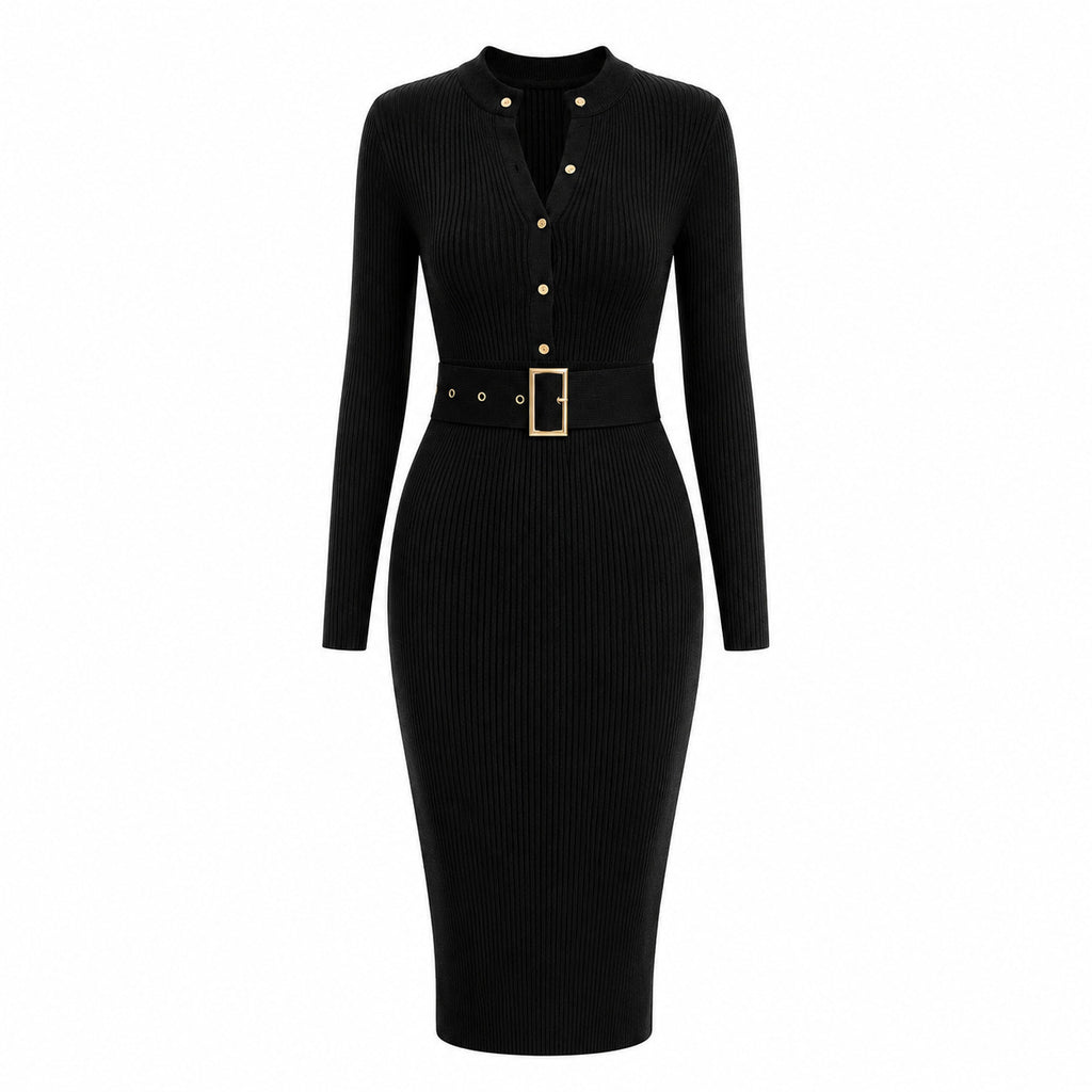 Elegant Bodycon Knitted Ribbed Midi Dress with Belt teemdrop