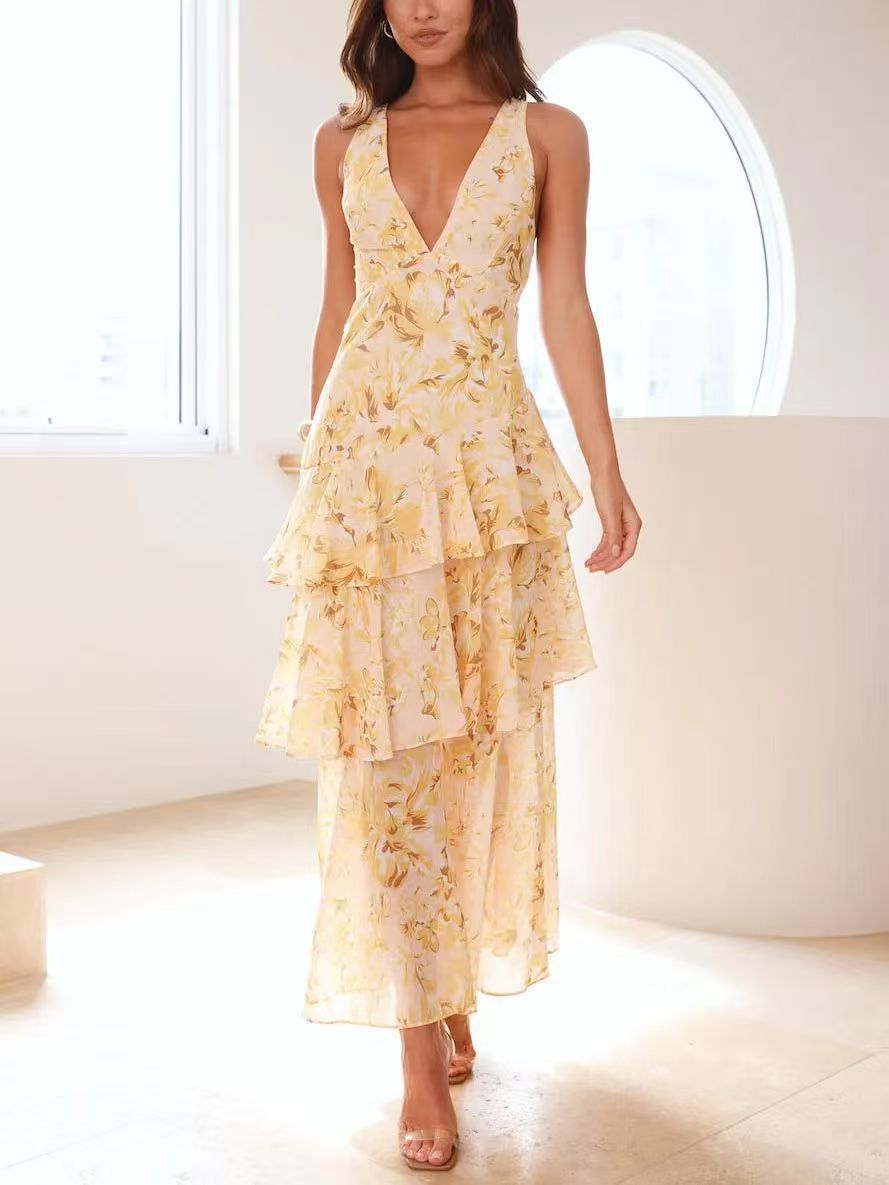 Women's Summer Floral Printed V-Neck Sleeveless A-Line Long Dress teemdrop