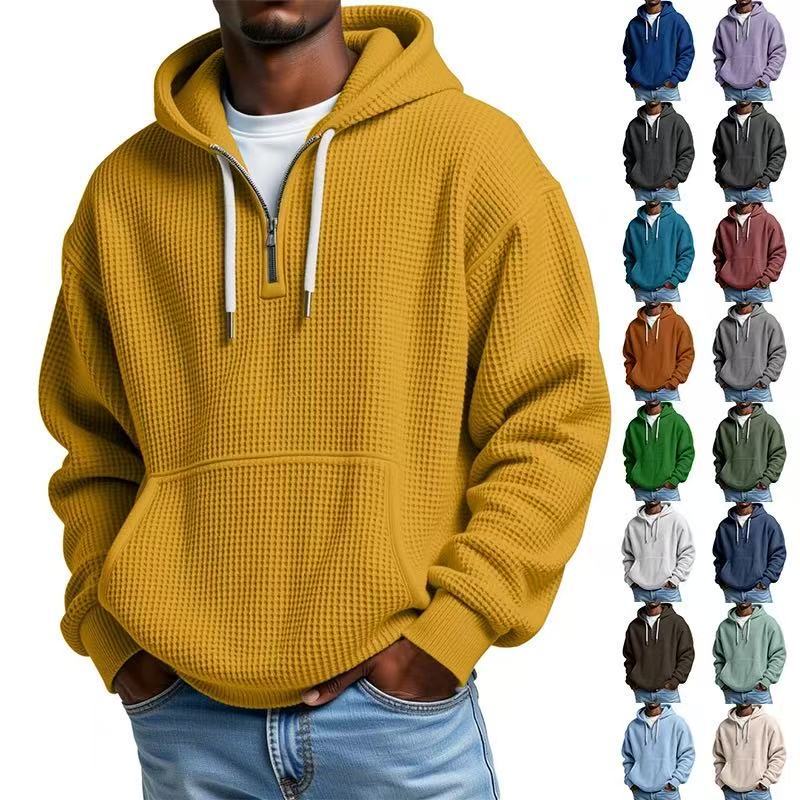 Men?s Heavyweight Waffle Knit Zip-Up Hooded Long Sleeve Loose Fit Casual Sweatshirt teemdrop