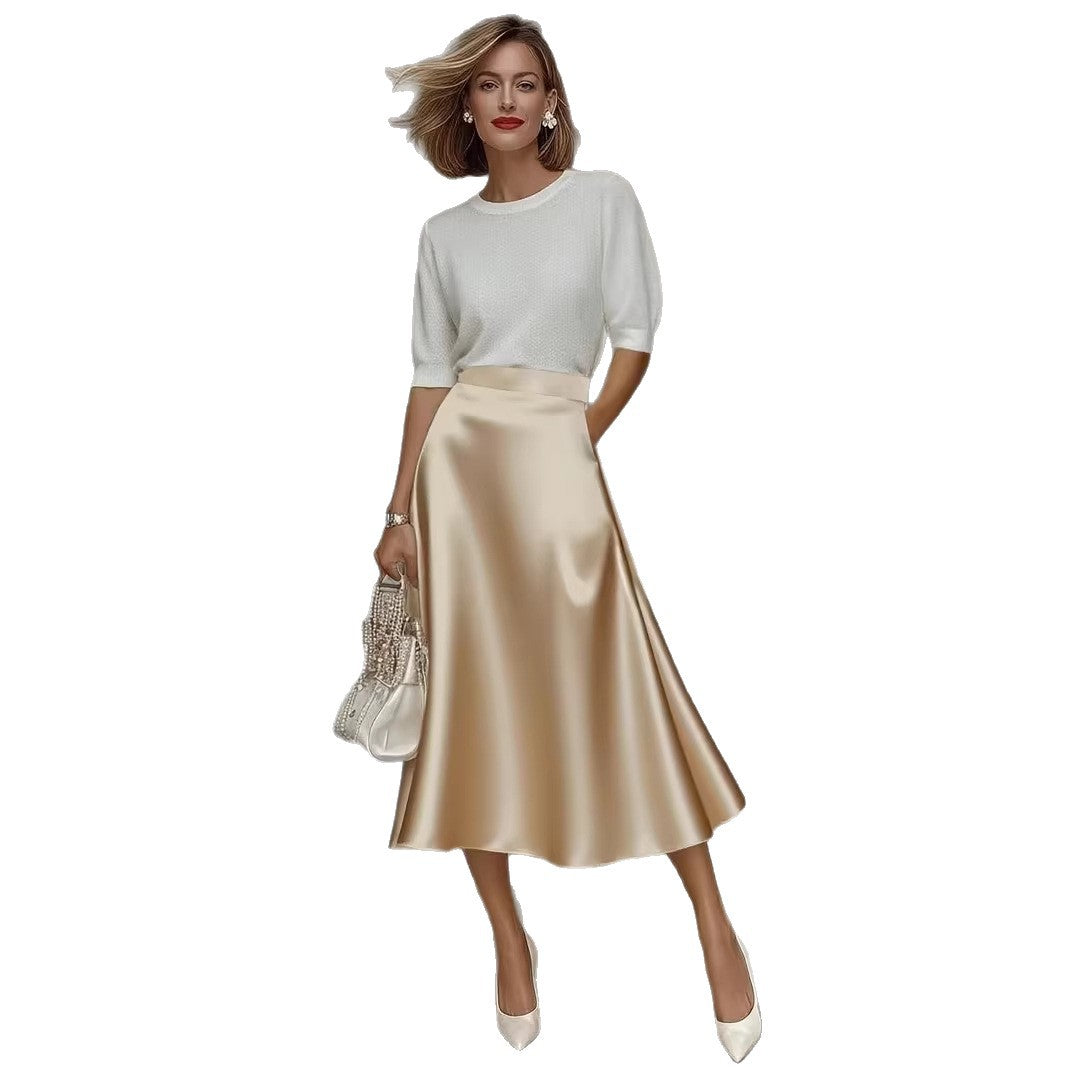 Women's Satin A-Line Midi Skirt Solid Color Elegant Workwear teemdrop