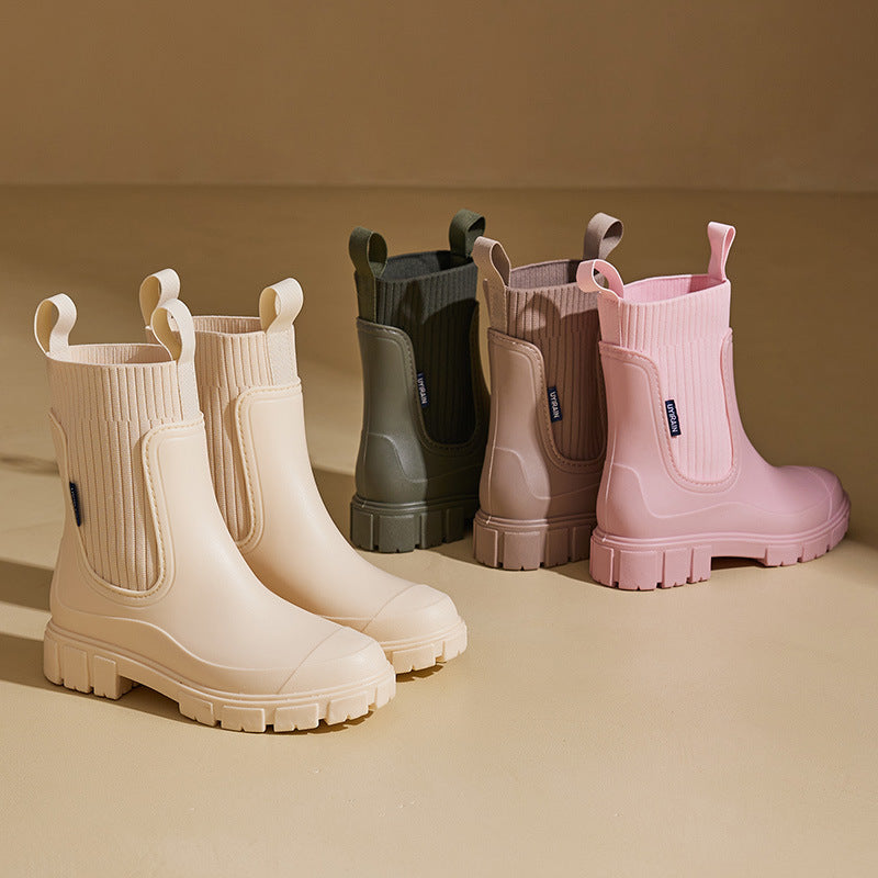 Women's Waterproof PVC Mid-Calf Rain Boots Non-Slip Solid Chelsea Boots teemdrop