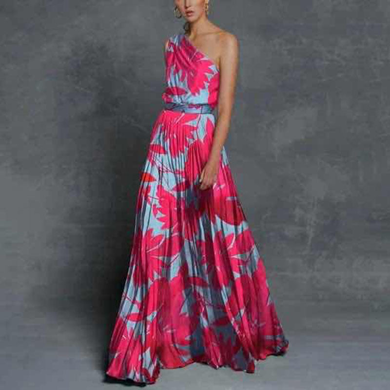 Mila 25 Manufacturer Short-Sleeve Spring and Summer Women's Leaf Patchwork Off-Shoulder Printed Dress with Asymmetrical Shoulder and Large Hem Long Dress