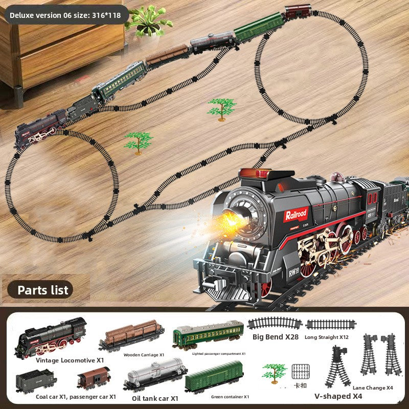 Retro Steam Train Toy Model with Remote Control Light Sound and DIY Track Set