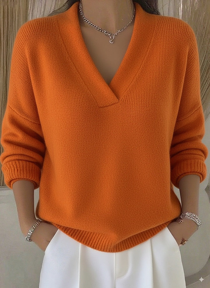 Women V-Neck Long Sleeve Loose Solid Color Knitted Pullover Sweater teemdrop