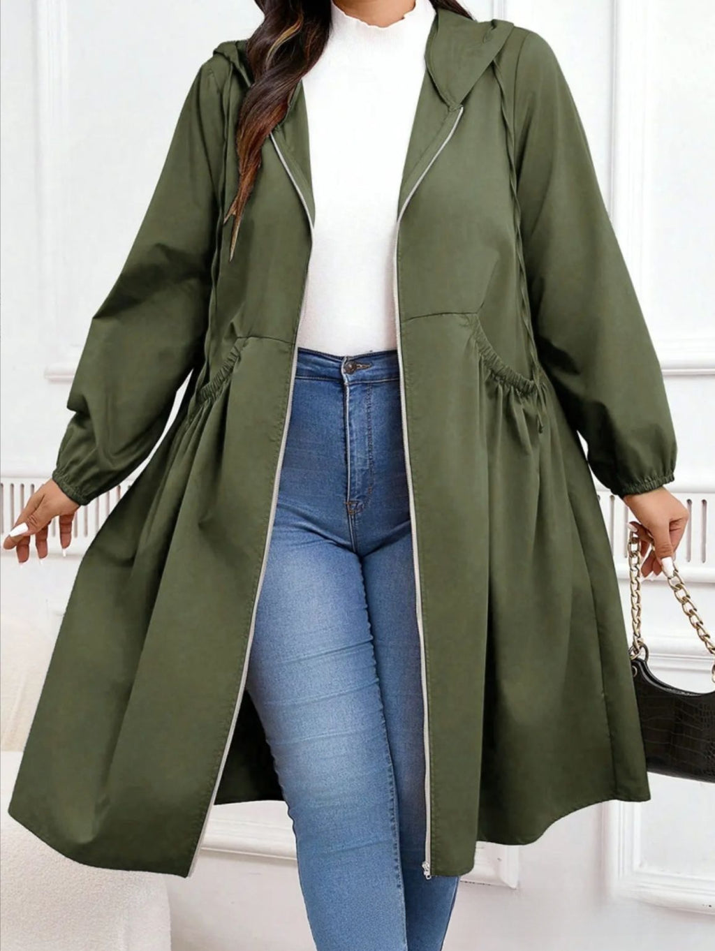 Plus Size Solid Color Pleated Long Sleeve Mid-Length Jacket
