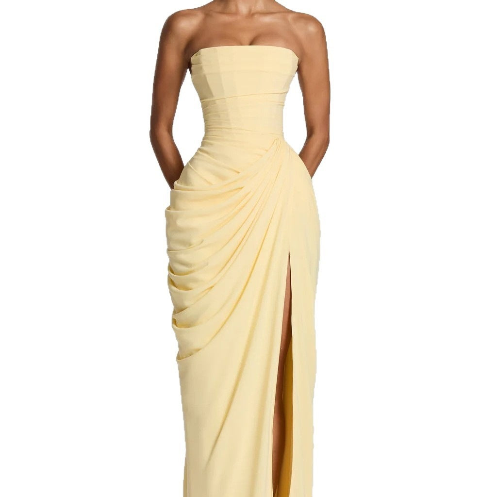 Women's Fashion Off-Shoulder Tube Top Solid Color Slit Fashionable Sexy Backless Evening Dress teemdrop