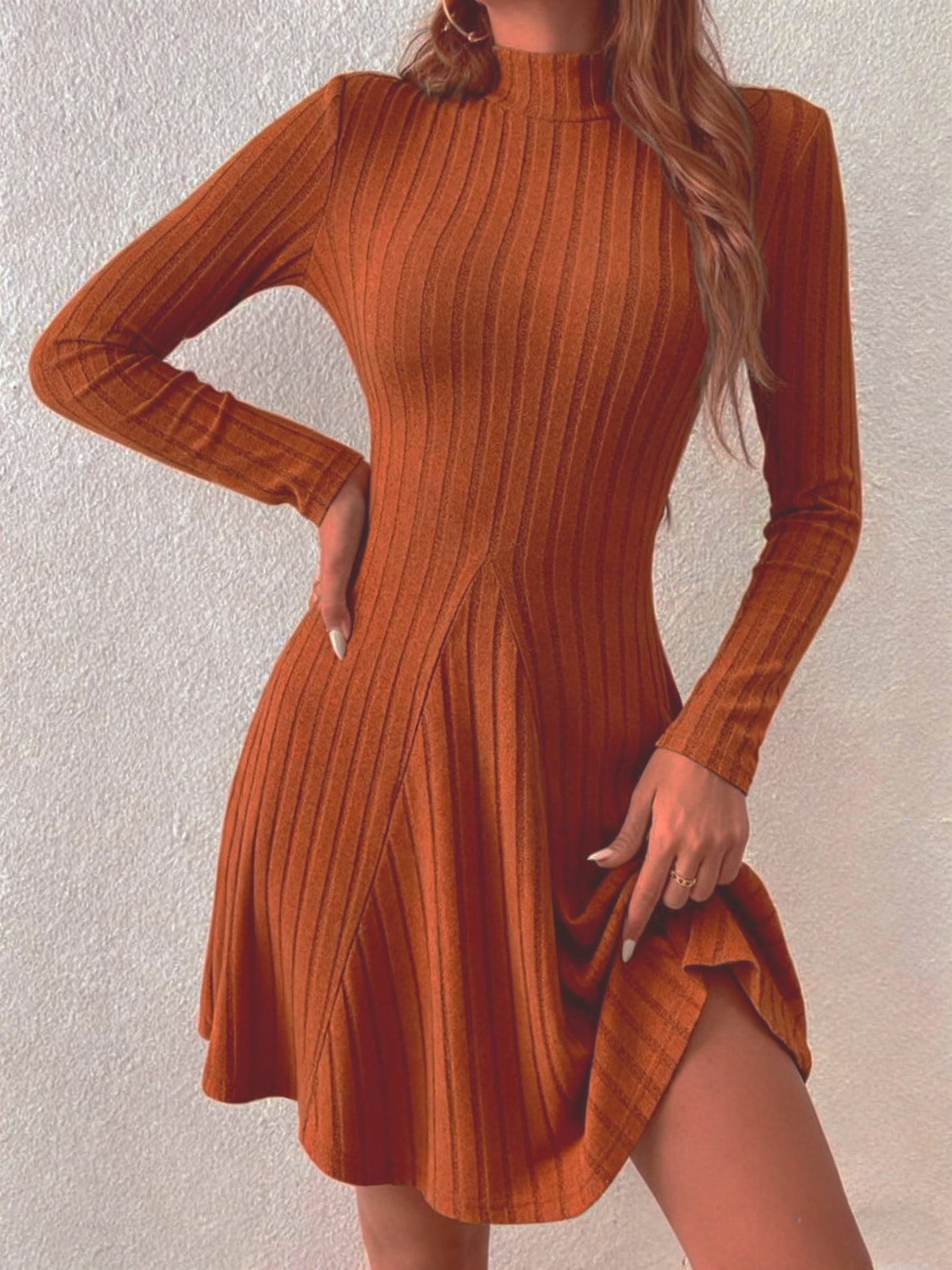 Fitted semi-high neck, waist-cinching long-sleeved dress