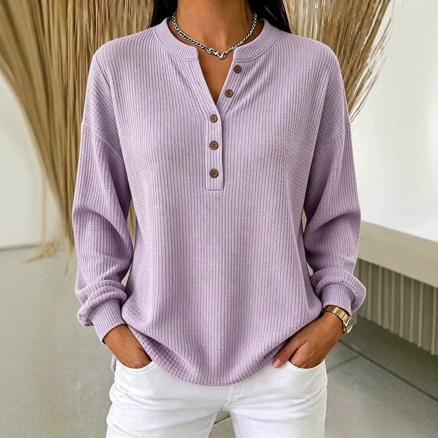 Women's Ribbed Knit Half-Button Henley Long Sleeve T-Shirt teemdrop