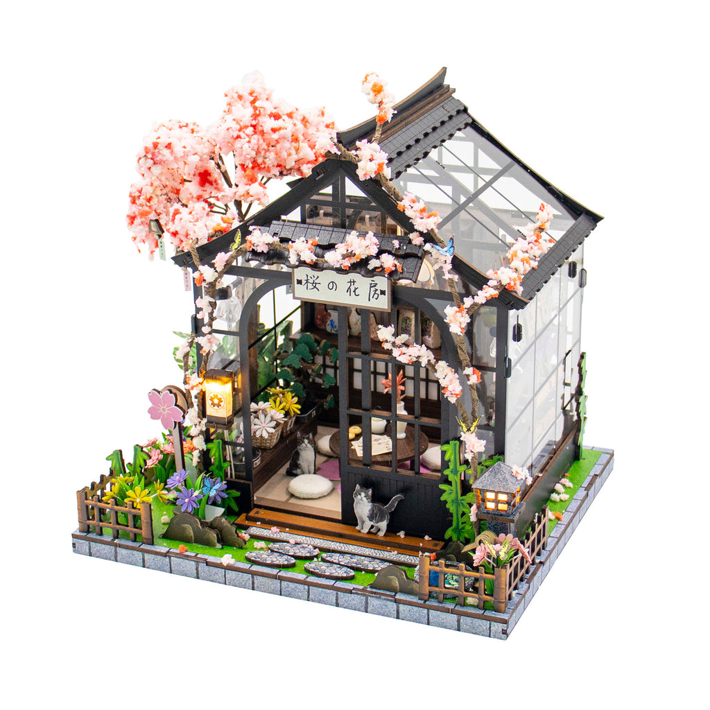 Japanese Style Miniature DIY Wooden Greenhouse Model Kit with Light and Music