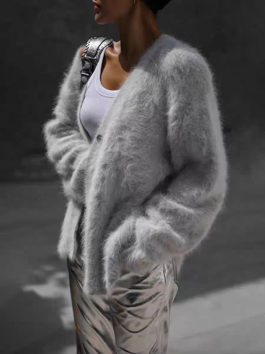 Women's Faux Fur Knitted Cardigan V-Neck Loose Long Sleeve Outerwear teemdrop