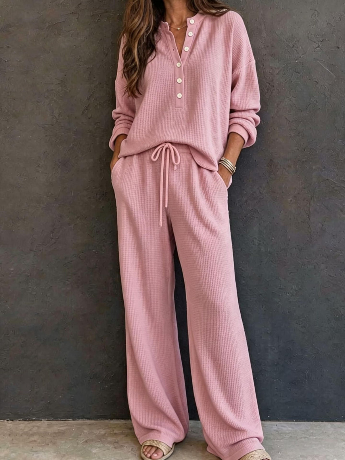 Women's Solid Color Knit Rib Top Straight Pants Set teemdrop