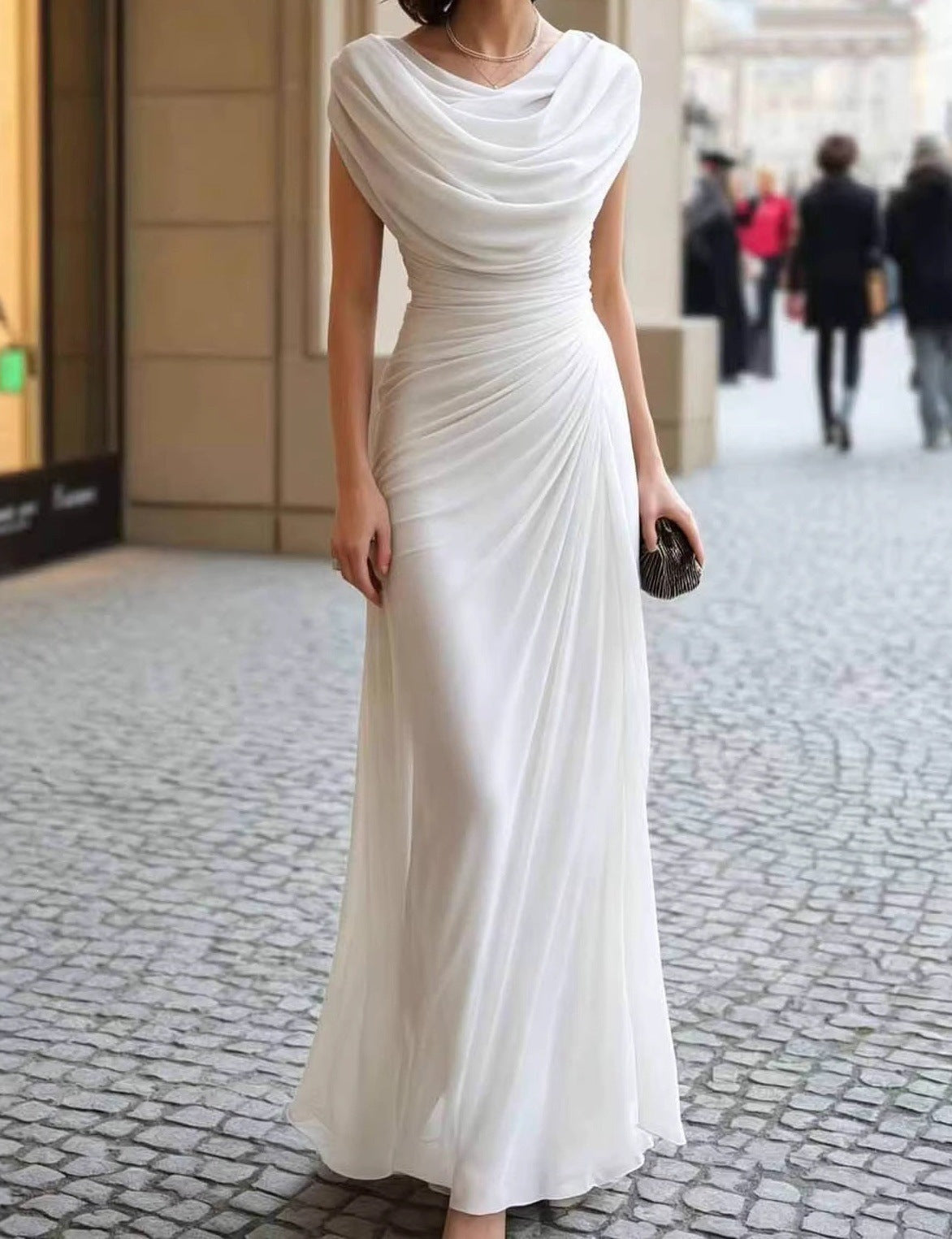 Women's Elegant Pleated Cowl Neck Sleeveless Dress teemdrop