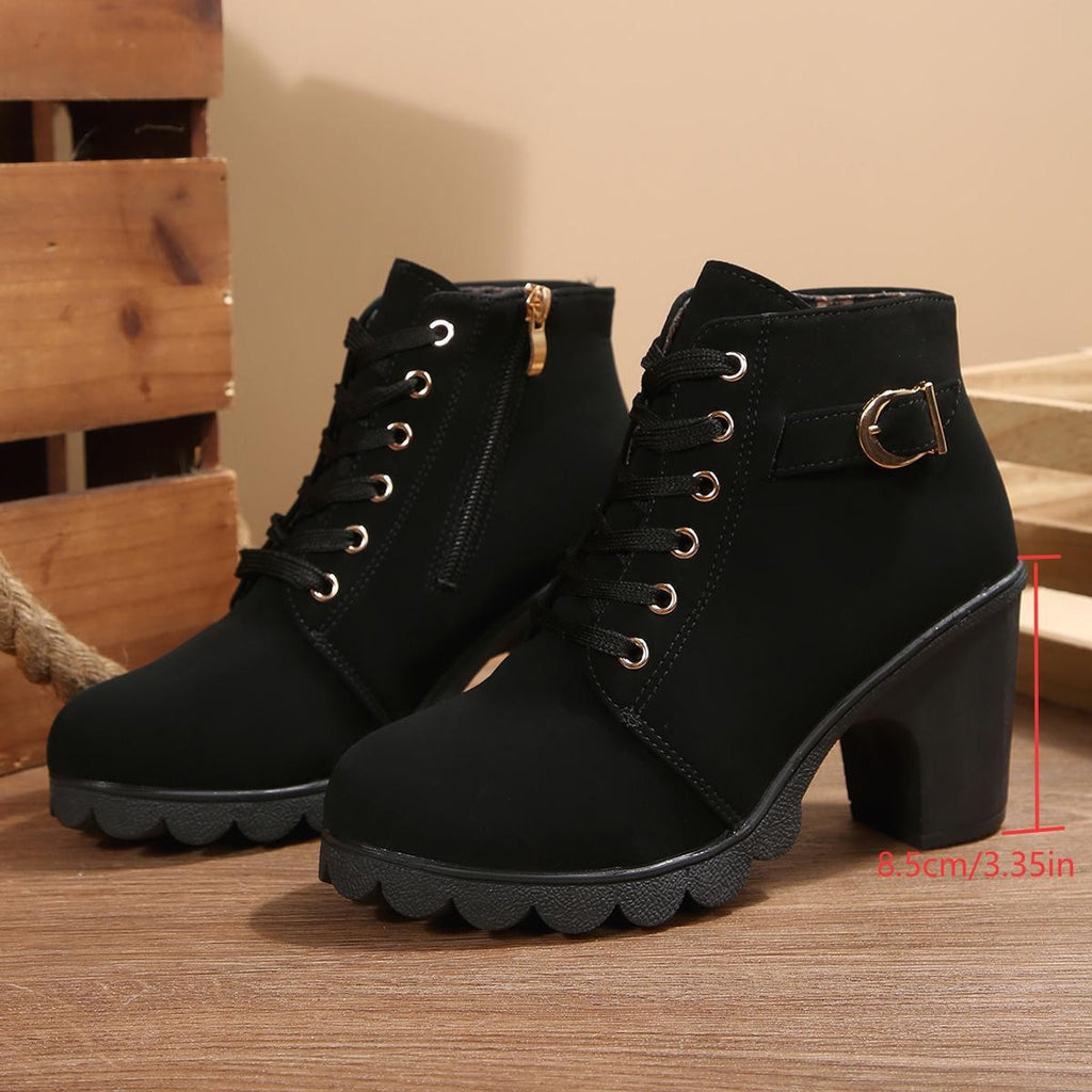 Thick Heel Ankle Boots Round-Toe Lace-Up Martin Boots