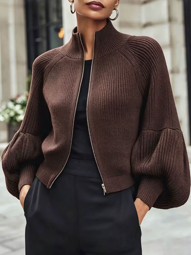 Women's Stand Collar Zip-Up Lantern Sleeve Textured Knit Sweater teemdrop