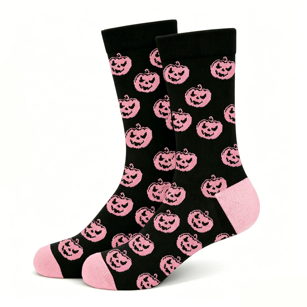 Sweet and Cool Pink Purple Contrasting Color Halloween Mid-Calf Cotton Socks