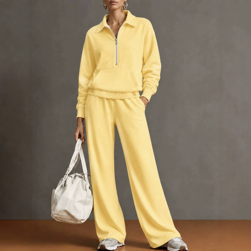 Women Two-Piece Half-Zip Sweatshirt and Wide-Leg Pants Set teemdrop