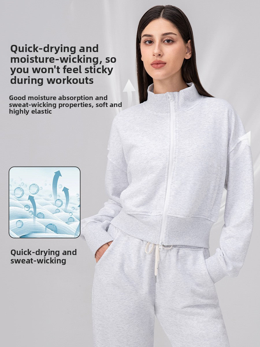 Women's Loose Stand Collar Zipper Sports Coat for Yoga and Running teemdrop
