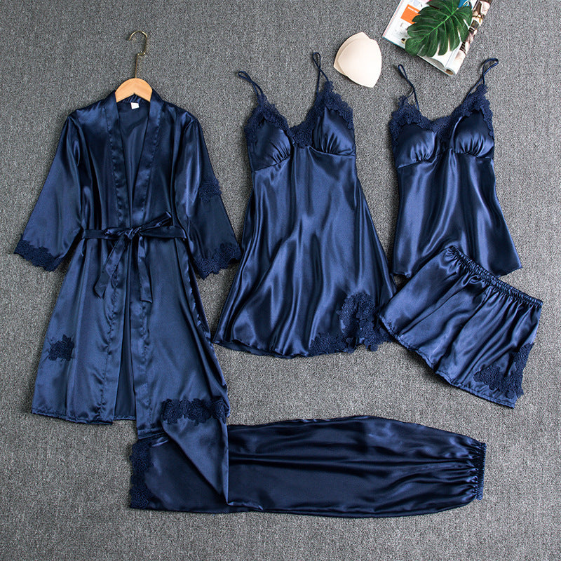 Womens Silk Loungewear V-Neck Five-Piece Pajama Set