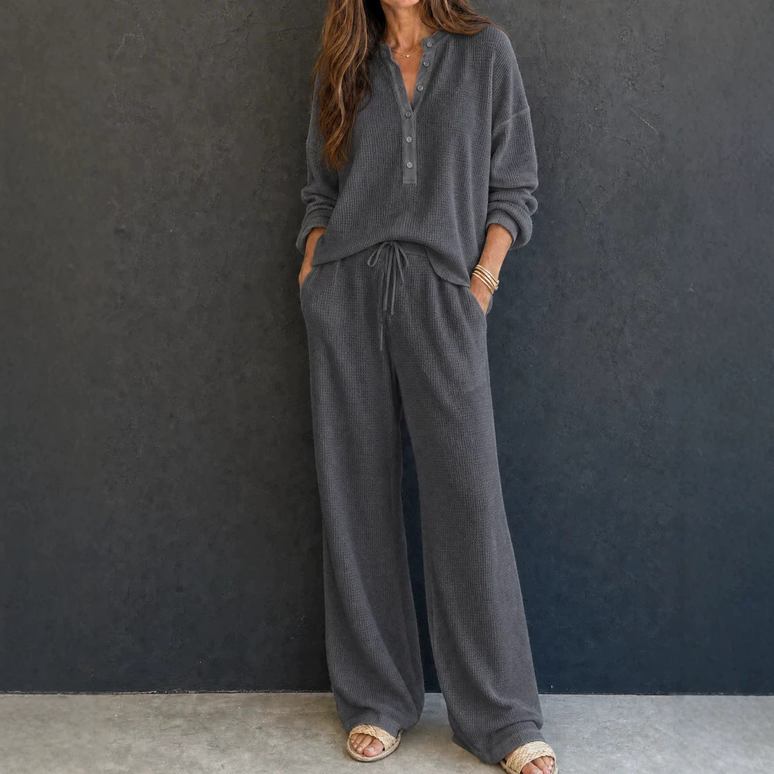 Women's Solid Color Knit Rib Top Straight Pants Set teemdrop