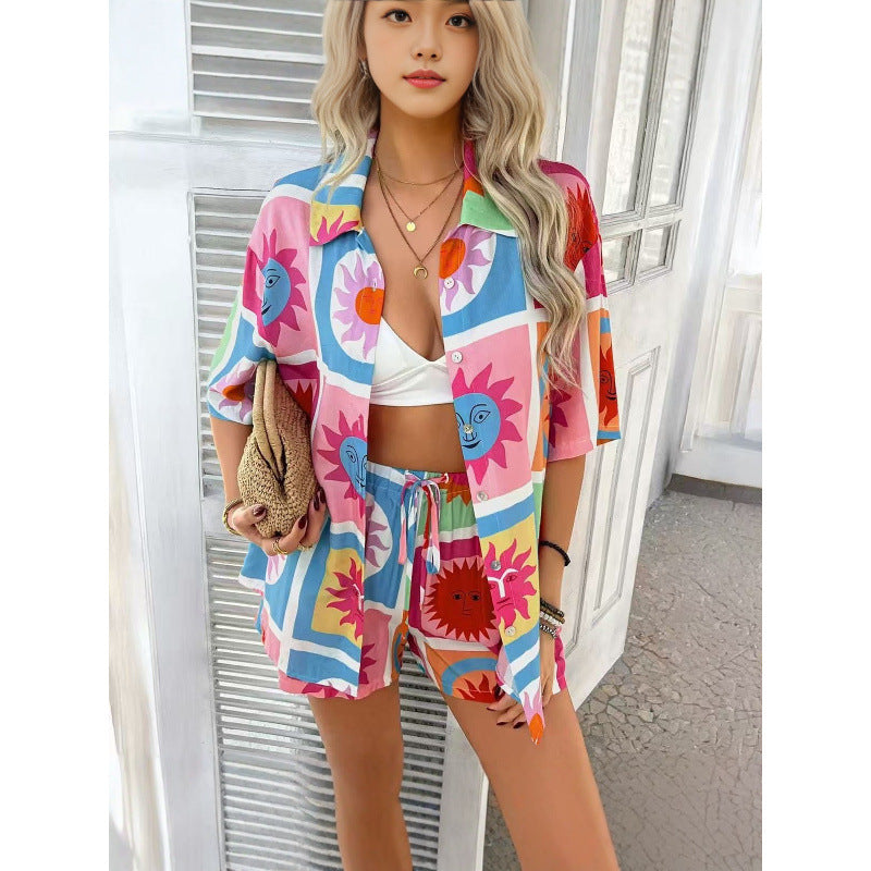 Womens 3D Printed Casual Short Sleeve Shirt Shorts Summer Beachwear Set teemdrop