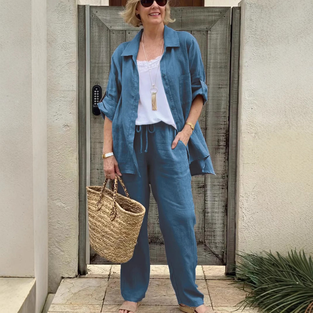 Women's Linen Blend Long Sleeve Shirt Trousers Suit