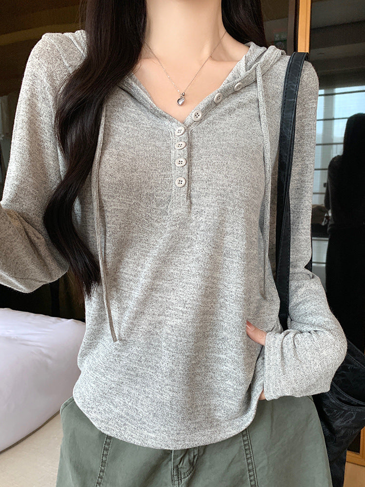 Women's Button-Down Knit Hoodie Long Sleeve Henley T-Shirt teemdrop