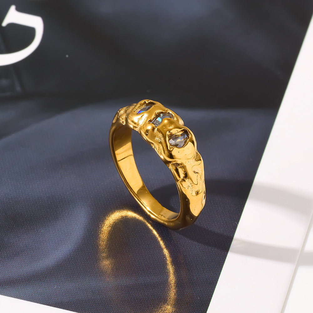 18K Gold Plated Irregular Texture Zircon Ring for Women Stainless Steel