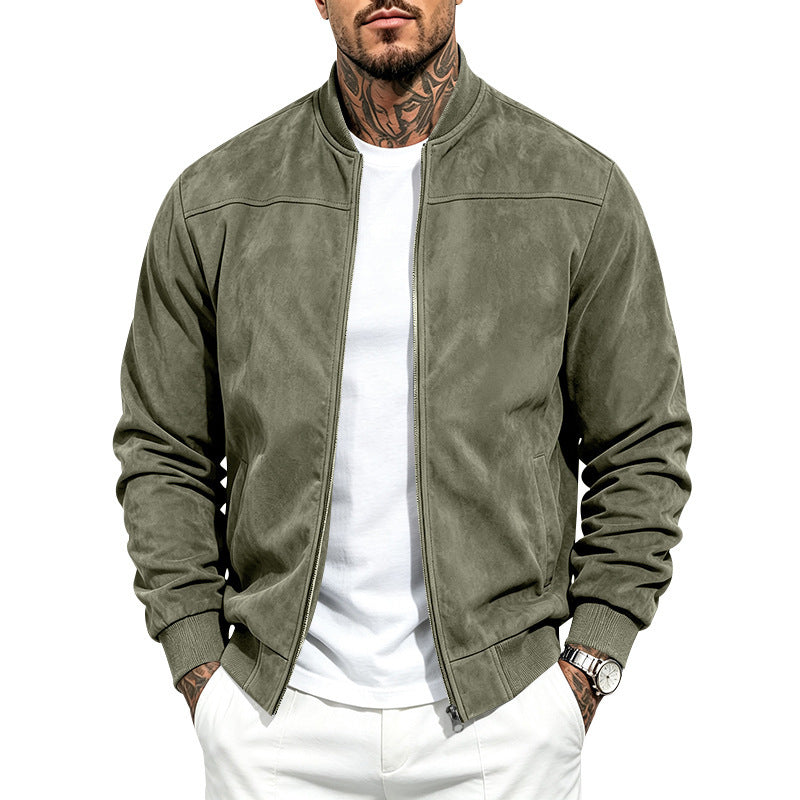 Men's Solid Suede Fleece Baseball Collar Bomber Jacket teemdrop