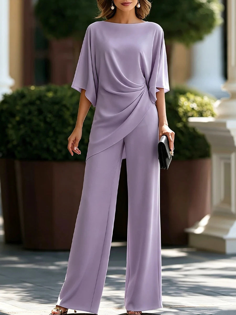 Women's Two-Piece Work Suit Set Waist Cinched Shirt and Wide Leg Pants teemdrop