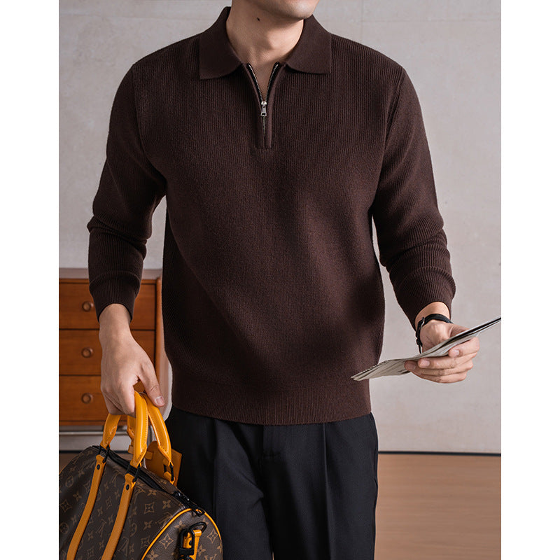 Men's Zippered Sheep Wool Blend Thickened Knit Sweater with Anti-Pilling Feature teemdrop