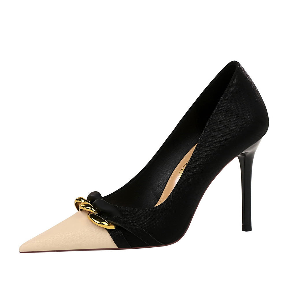Fashion Colorblock Pointed Toe Stiletto Heel Women's Pumps with Metal Chain Detail teemdrop